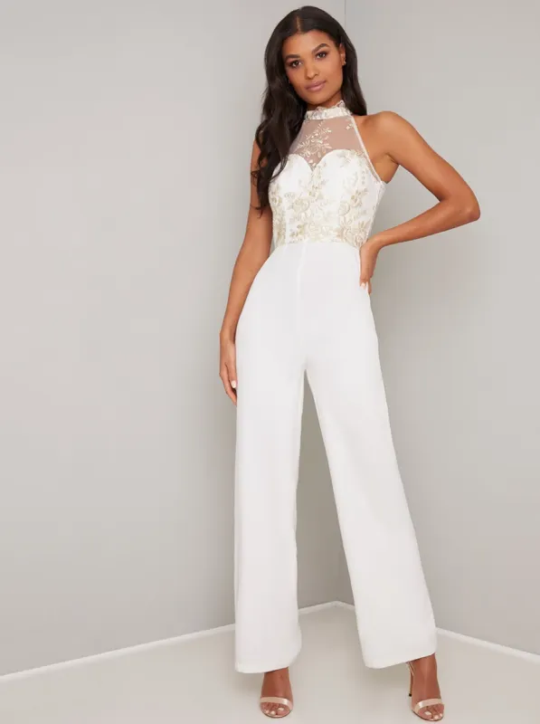 Embroidered Jumpsuit with Flared Trousers in Cream sold by Chi Chi London