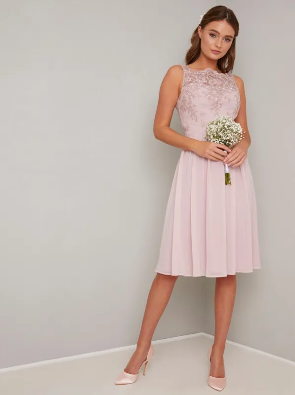 Lace Bodice Chiffon Midi Dress In Mink sold by Chi Chi London