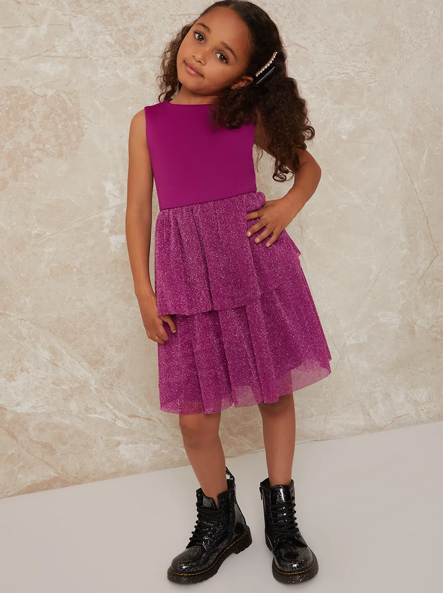 Girls Glitter Tiered Midi Dress in Berry sold by Chi Chi London