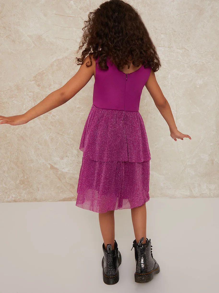 Girls Glitter Tiered Midi Dress in Berry sold by Chi Chi London product image thumbnail 4