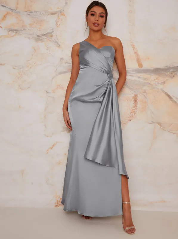 One Shoulder Satin Finish Maxi Dress in Blue sold by Chi Chi London