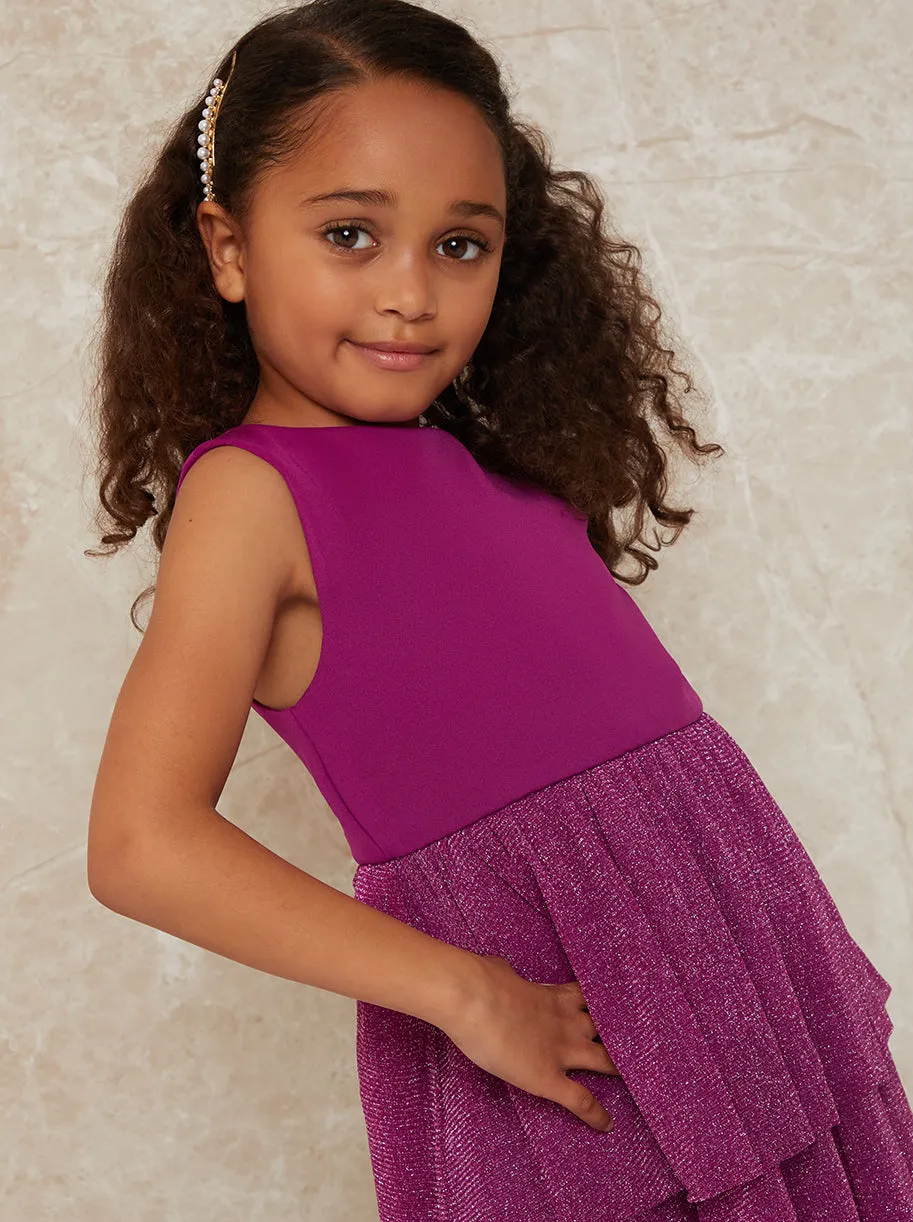 Girls Glitter Tiered Midi Dress in Berry sold by Chi Chi London product image thumbnail 2