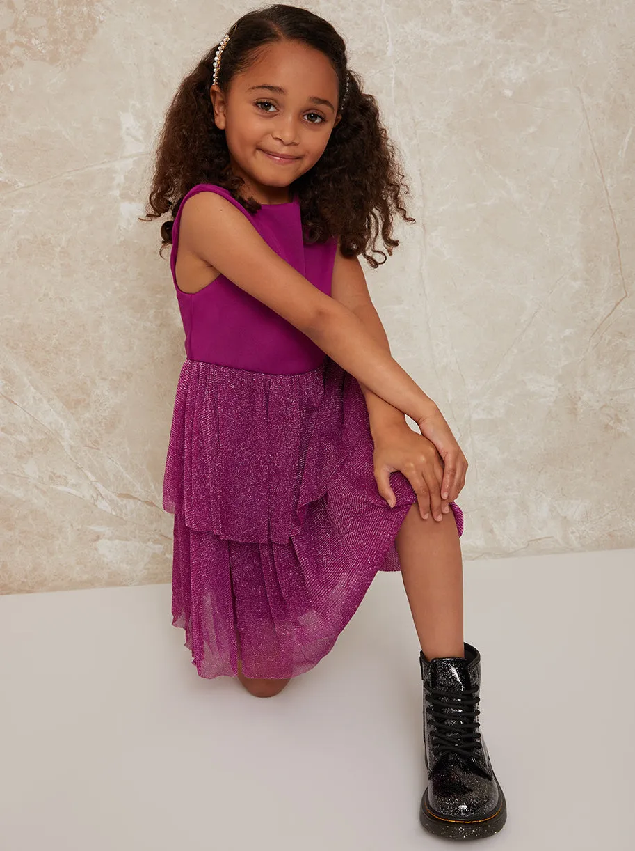 Girls Glitter Tiered Midi Dress in Berry sold by Chi Chi London product image thumbnail 3
