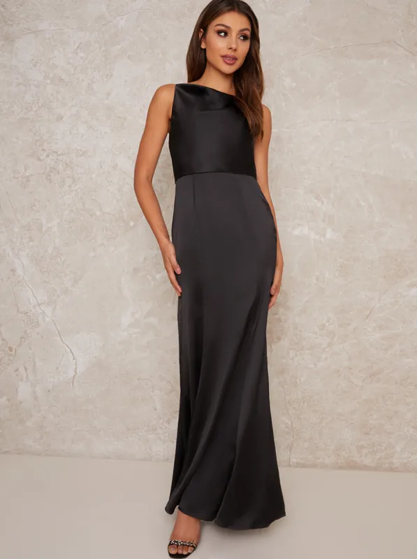 Cowl Neck Satin Slip Maxi Dress in Black made by Chi Chi London