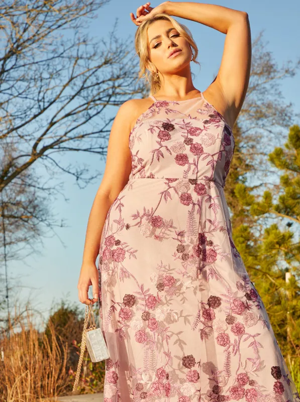 Plus Size Sleeveless Embroidered Maxi Dress in Pink sold by Chi Chi London