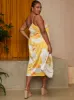 Plus Size One-Shoulder Abstract Print Midi Dress in Yellow sold by Chi Chi London