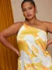 Plus Size One-Shoulder Abstract Print Midi Dress in Yellow sold by Chi Chi London