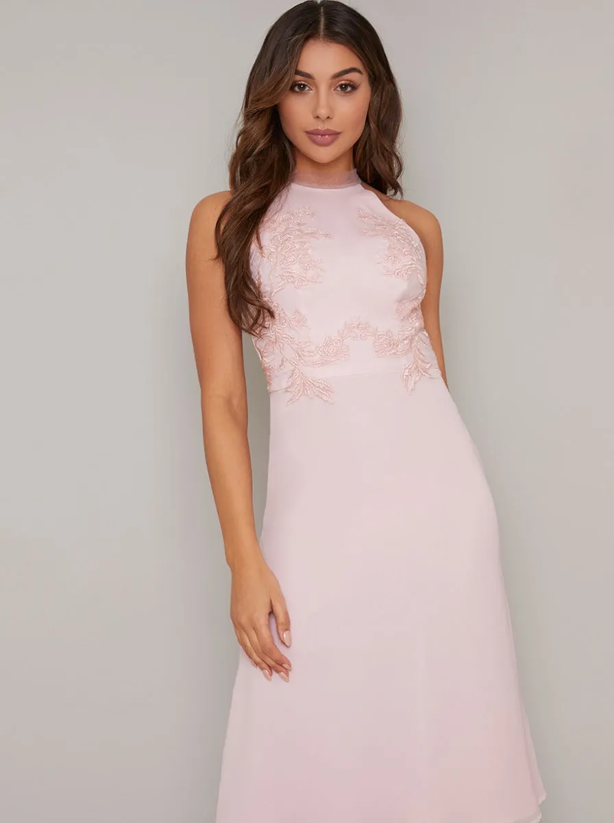 Embroidered High Neck Bodice Midi Dress in Pink sold by Chi Chi London product image thumbnail 2