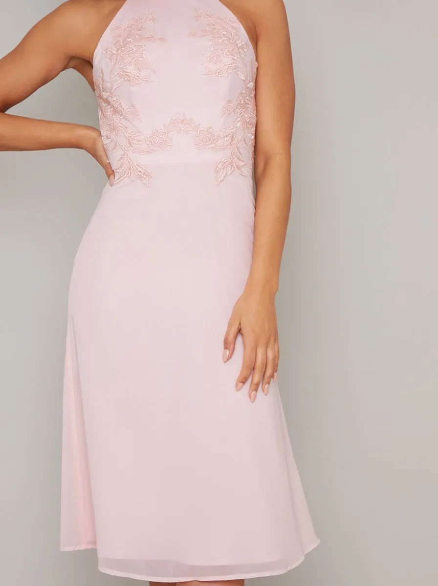 Embroidered High Neck Bodice Midi Dress in Pink sold by Chi Chi London product image thumbnail 3