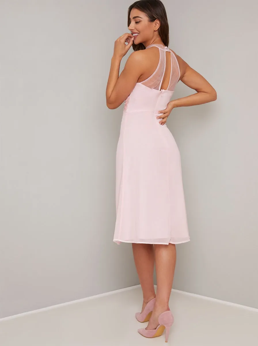 Embroidered High Neck Bodice Midi Dress in Pink sold by Chi Chi London product image thumbnail 4
