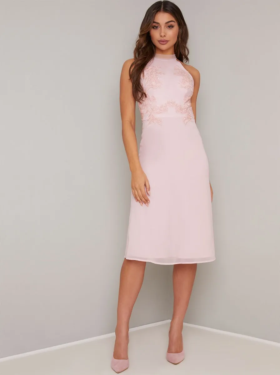 Embroidered High Neck Bodice Midi Dress in Pink sold by Chi Chi London