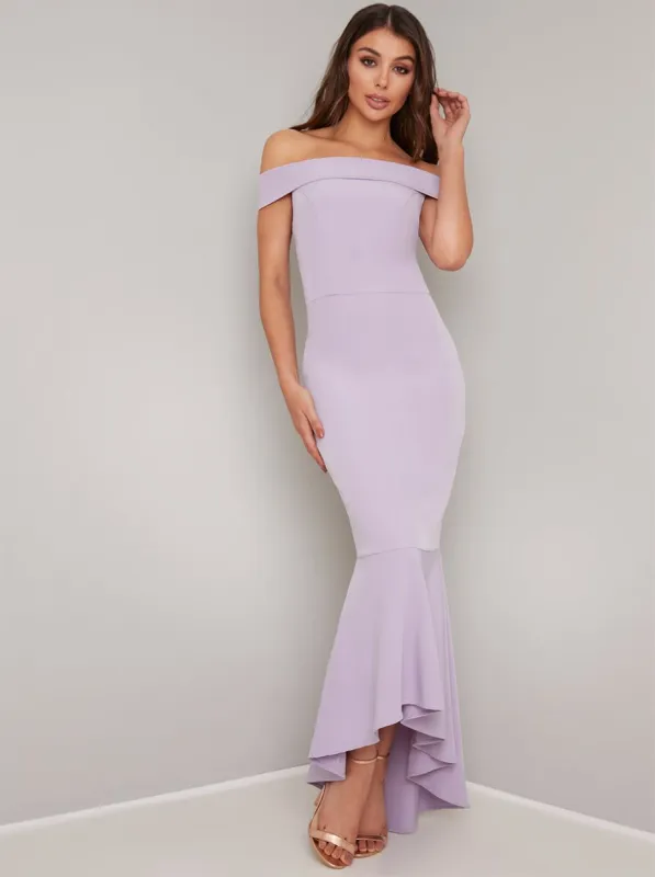 Bardot Fishtail Bodycon Maxi Dress in Purple sold by Chi Chi London