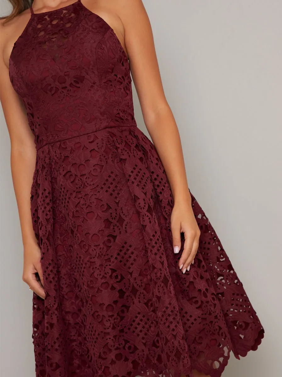 Laser Cut Crochet Midi Dress in Red sold by Chi Chi London product image thumbnail 3