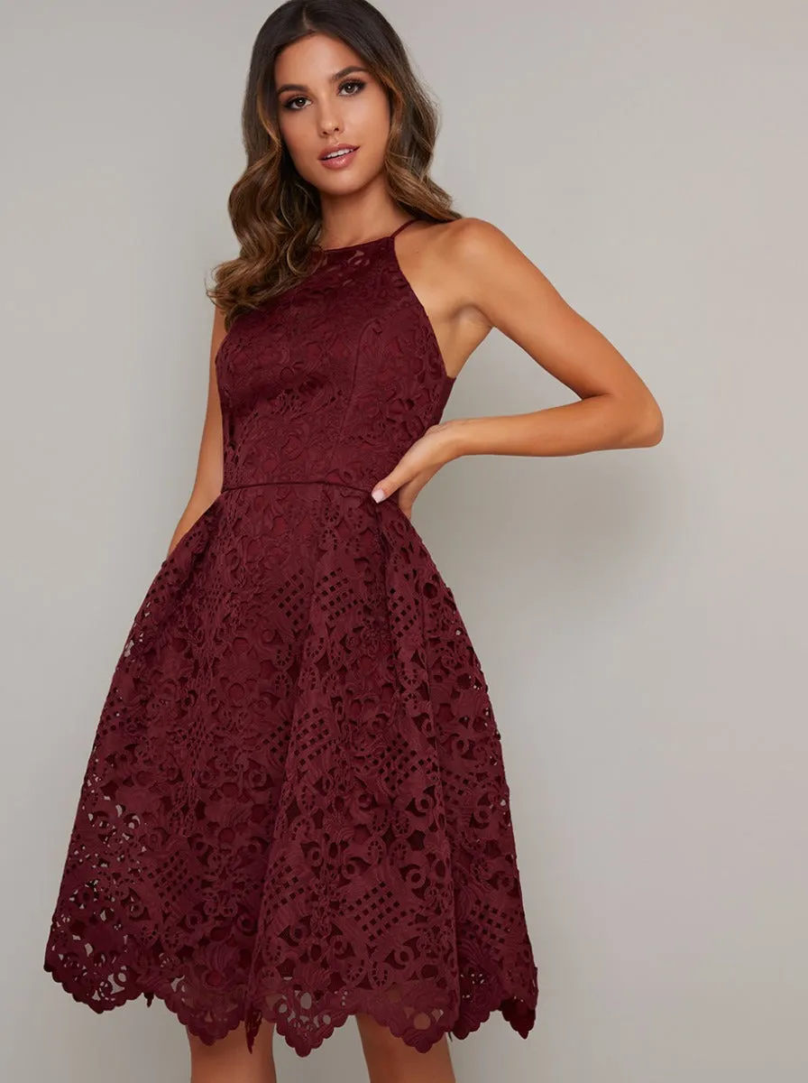 Laser Cut Crochet Midi Dress in Red sold by Chi Chi London