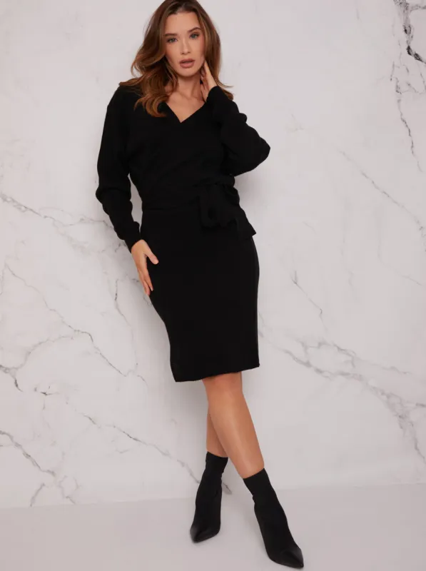 V Neck Wrap Jumper Dress in Black sold by Chi Chi London