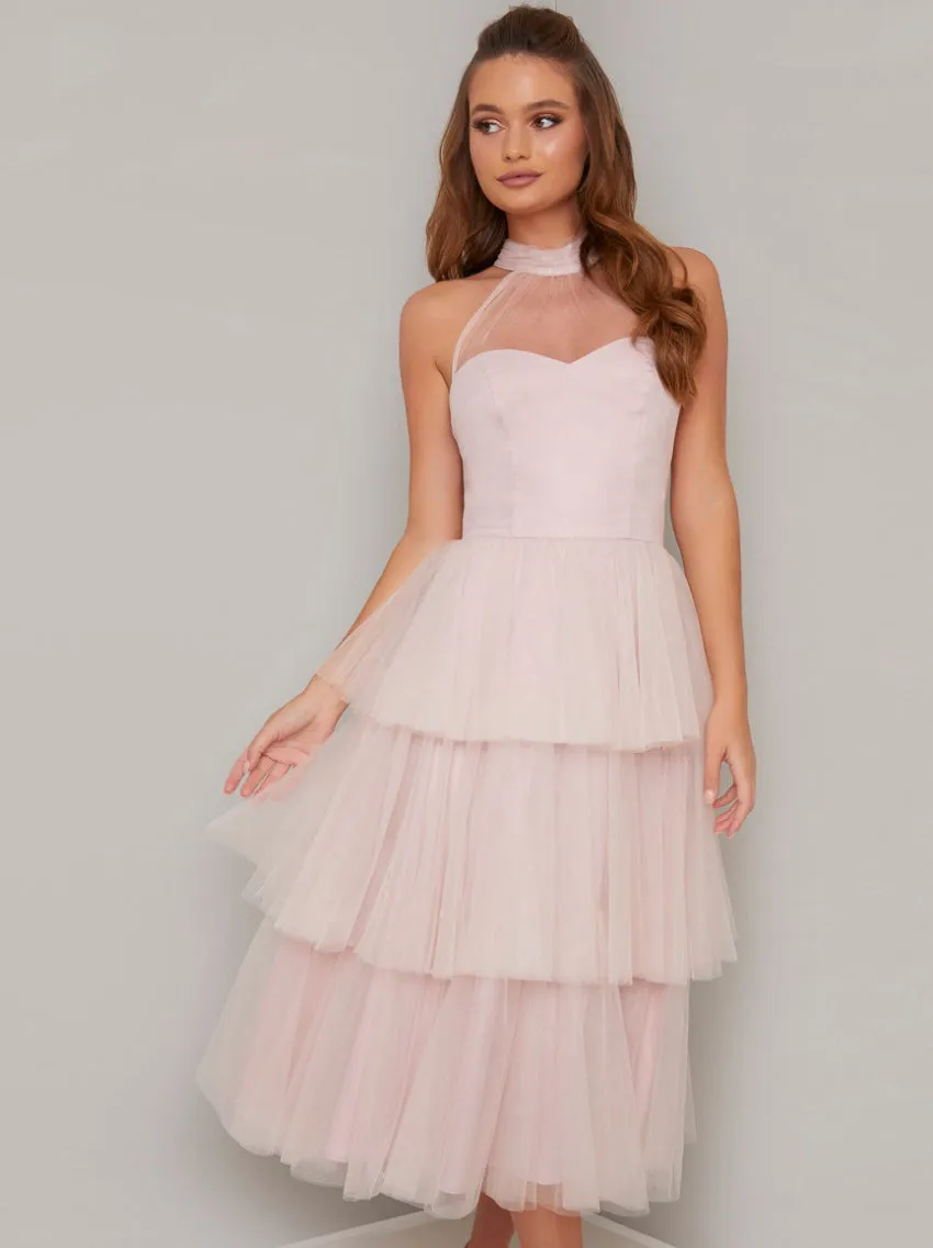 Tulle Tiered Midi Dress in Pink sold by Chi Chi London product image thumbnail 3