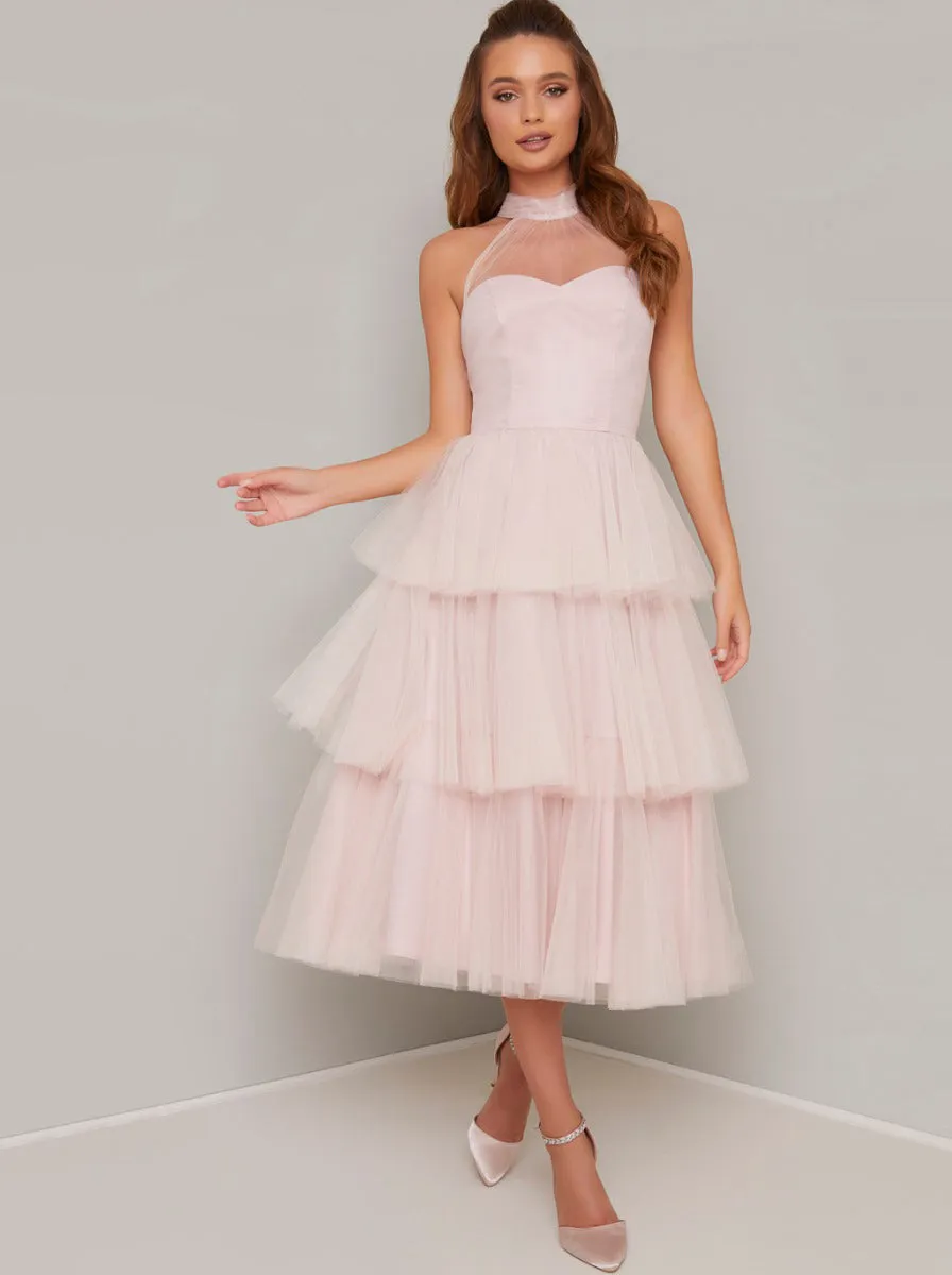 Tulle Tiered Midi Dress in Pink sold by Chi Chi London