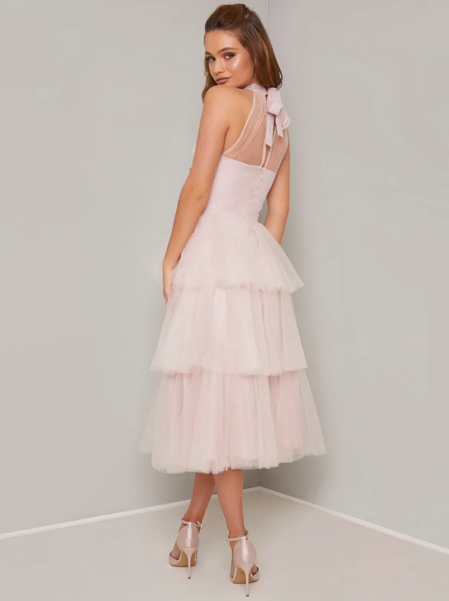 Tulle Tiered Midi Dress in Pink sold by Chi Chi London product image thumbnail 4