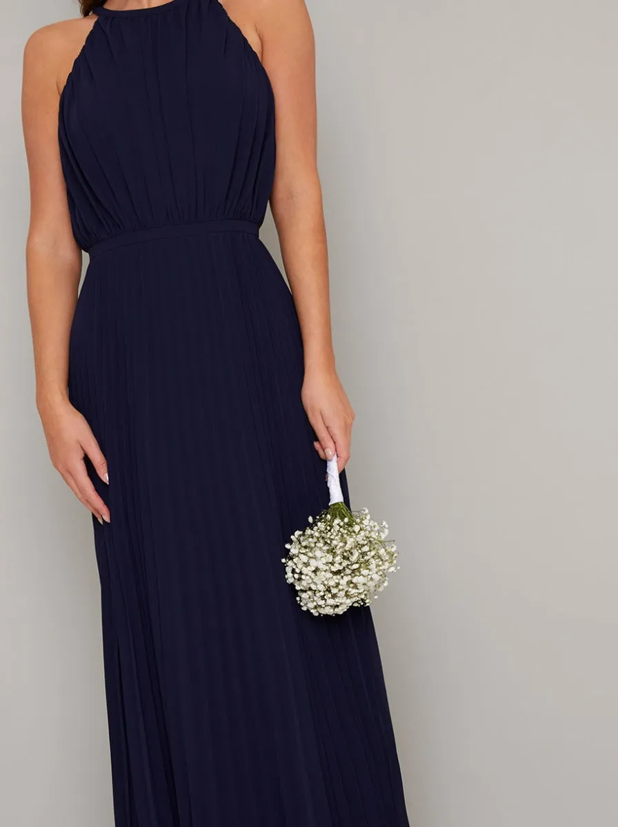 Pleated Maxi Dress with Racer Neckline in Blue sold by Chi Chi London product image thumbnail 3