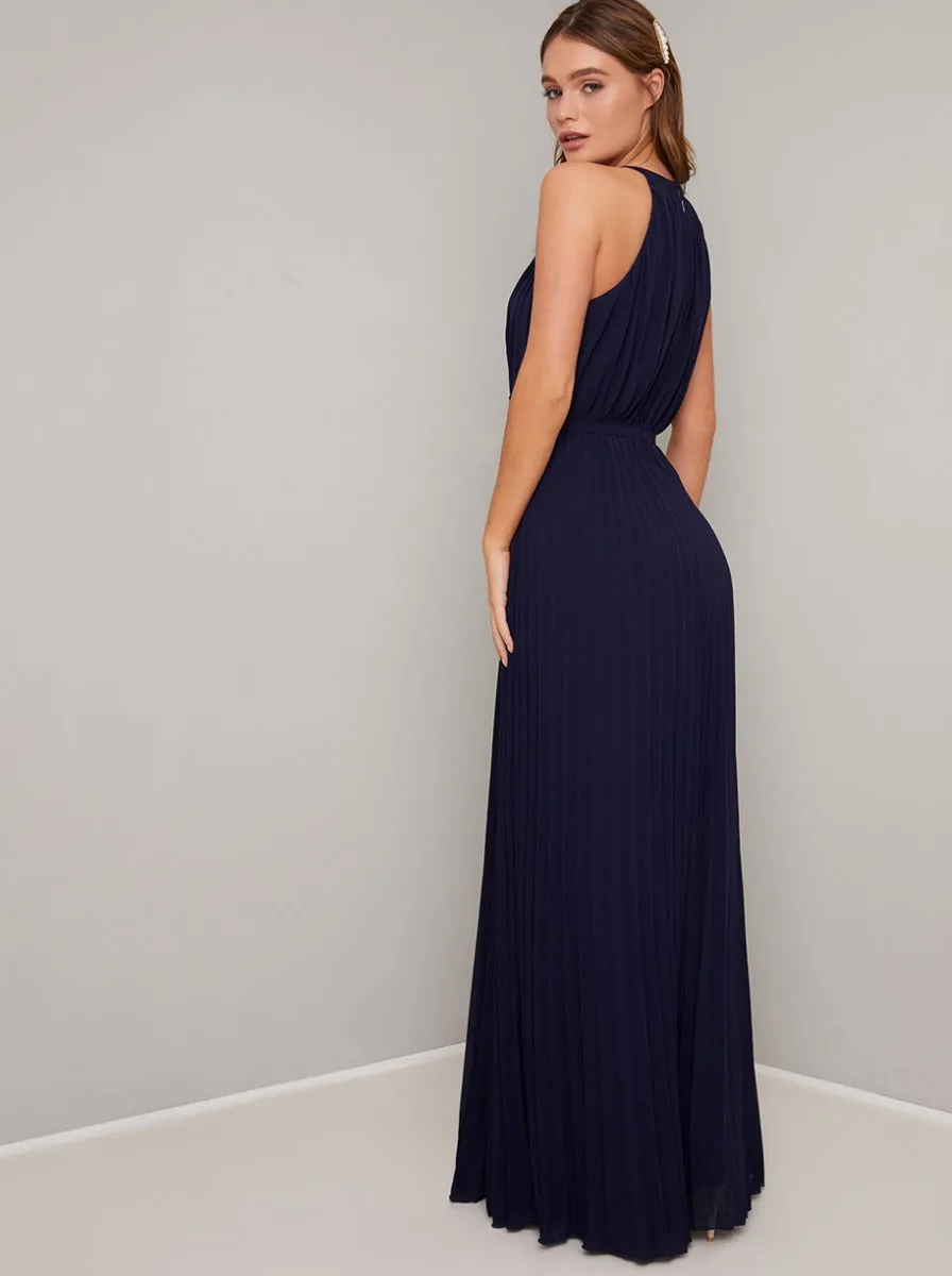 Pleated Maxi Dress with Racer Neckline in Blue sold by Chi Chi London product image thumbnail 4
