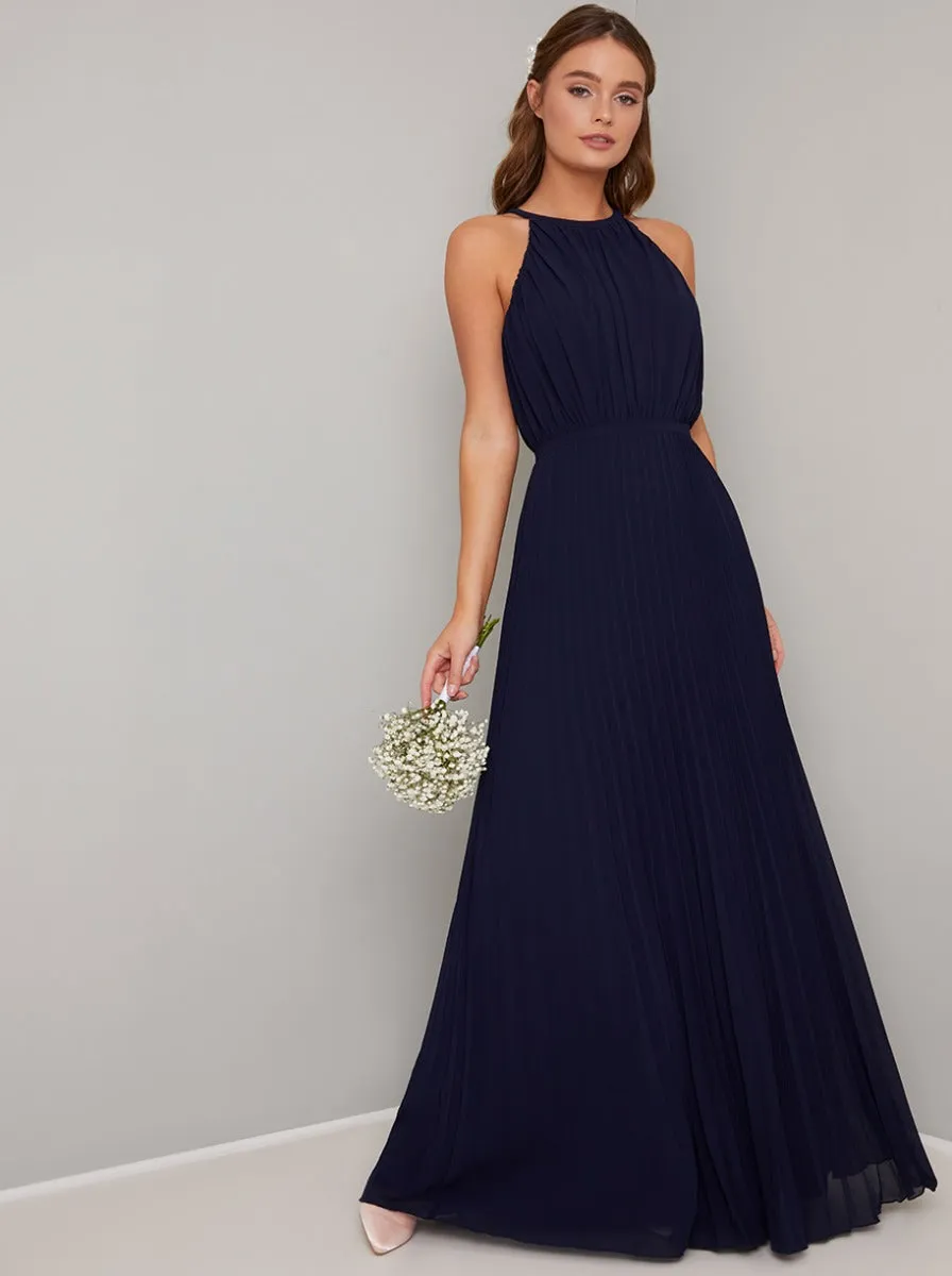 Pleated Maxi Dress with Racer Neckline in Blue sold by Chi Chi London