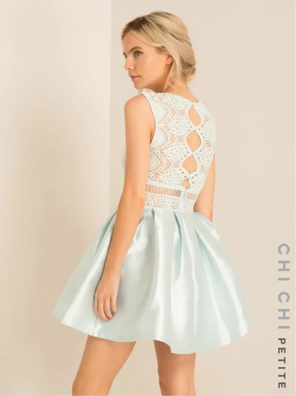 Petite Crochet Lace Panel Mini Dress in Blue sold by Chi Chi London