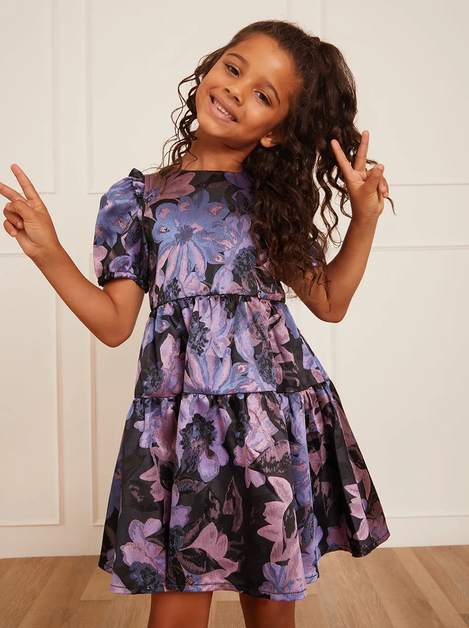 Younger Girls Short Sleeve Floral Midi Dress in Purple sold by Chi Chi London