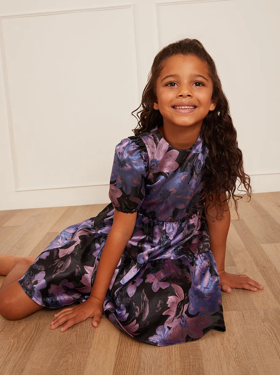 Younger Girls Short Sleeve Floral Midi Dress in Purple sold by Chi Chi London product image thumbnail 3