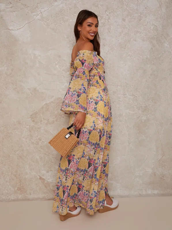 Floral Bardot Maxi Dress in Multicolour sold by Chi Chi London