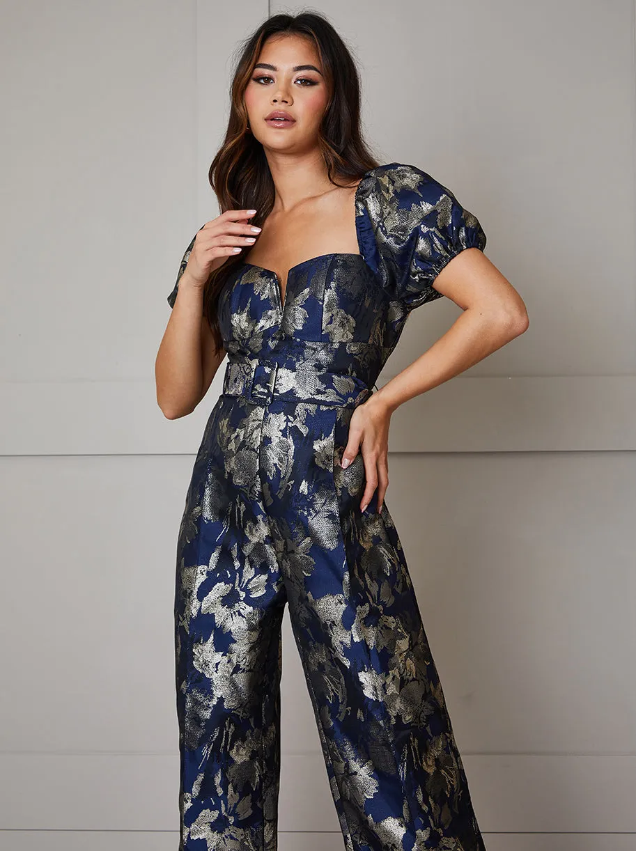 Puff Sleeve Jacquard Wide Leg Jumpsuit in Navy sold by Chi Chi London product image thumbnail 2