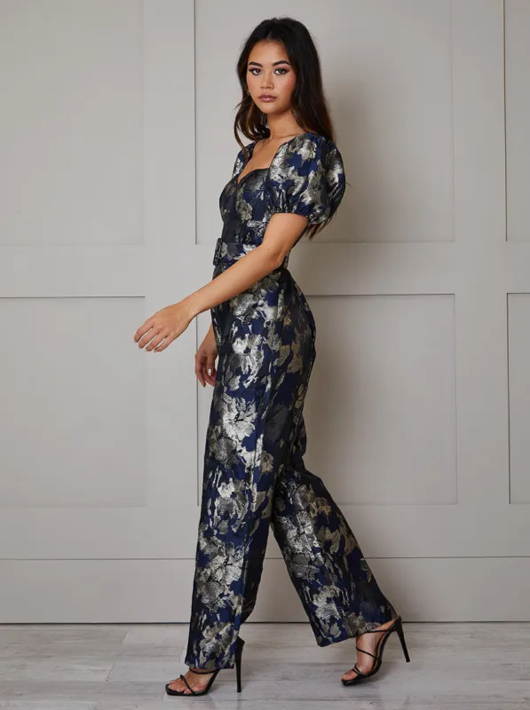 Puff Sleeve Jacquard Wide Leg Jumpsuit in Navy sold by Chi Chi London