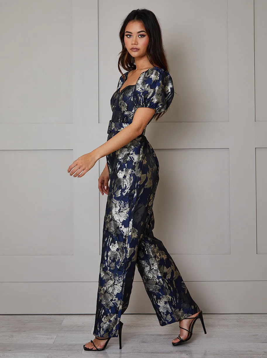 Puff Sleeve Jacquard Wide Leg Jumpsuit in Navy sold by Chi Chi London