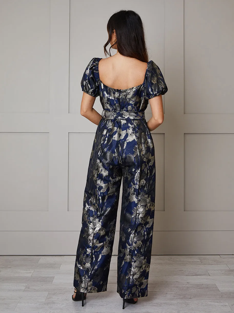 Puff Sleeve Jacquard Wide Leg Jumpsuit in Navy sold by Chi Chi London product image thumbnail 4