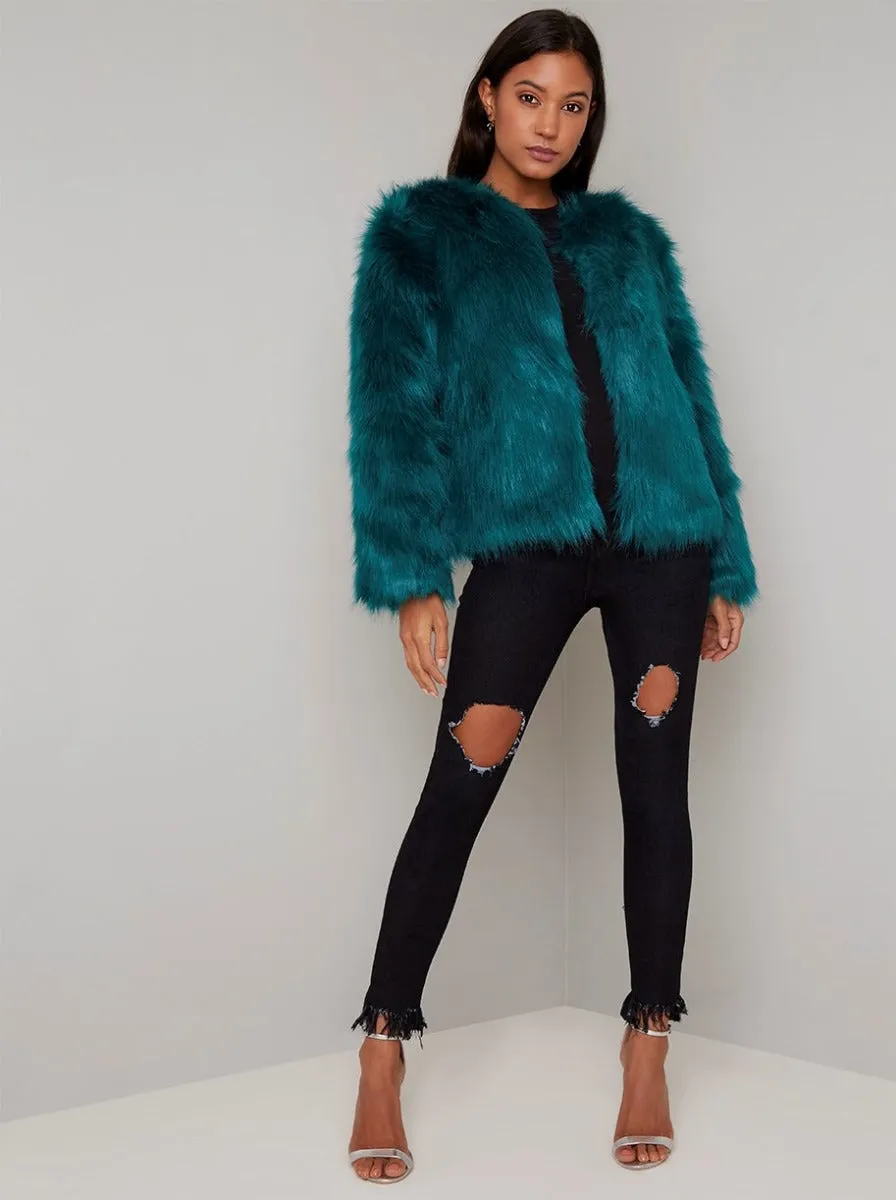 Faux Fur Crop Jacket in Green sold by Chi Chi London