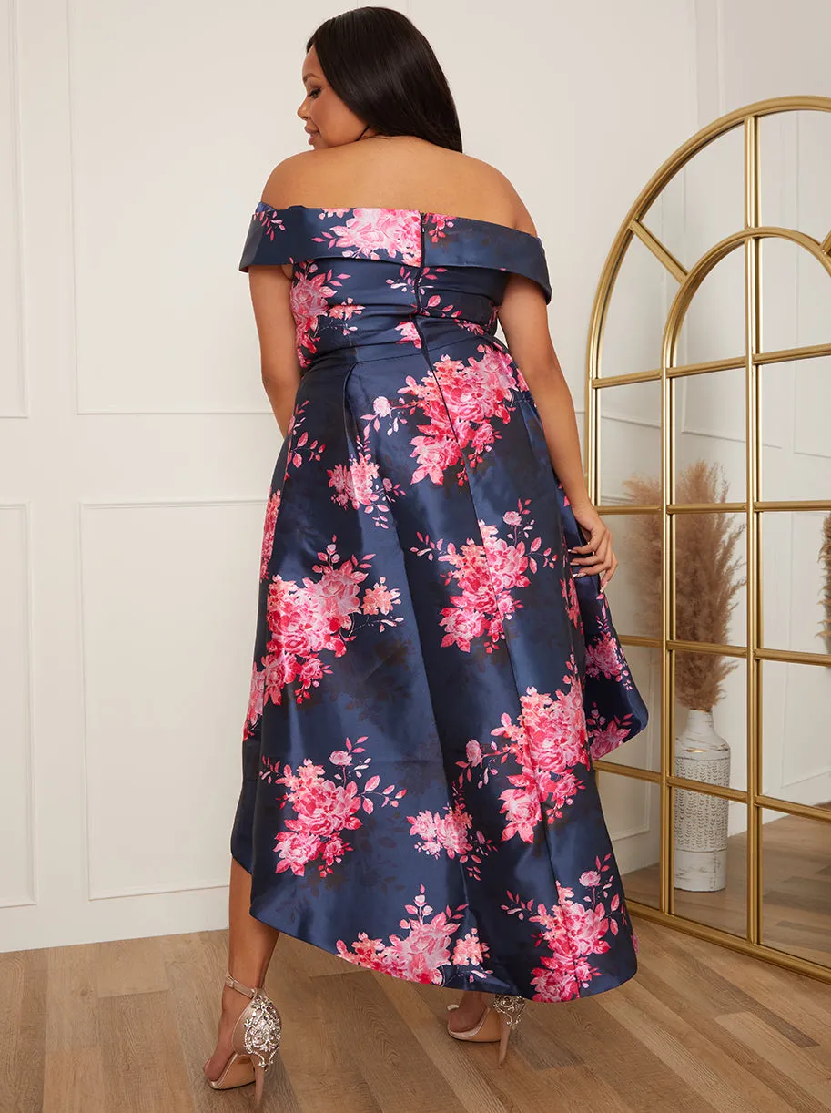Plus Size Bardot Floral Dip Hem Dress in Navy sold by Chi Chi London product image thumbnail 4