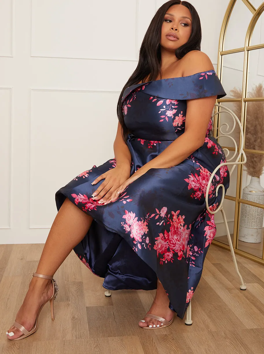 Plus Size Bardot Floral Dip Hem Dress in Navy sold by Chi Chi London