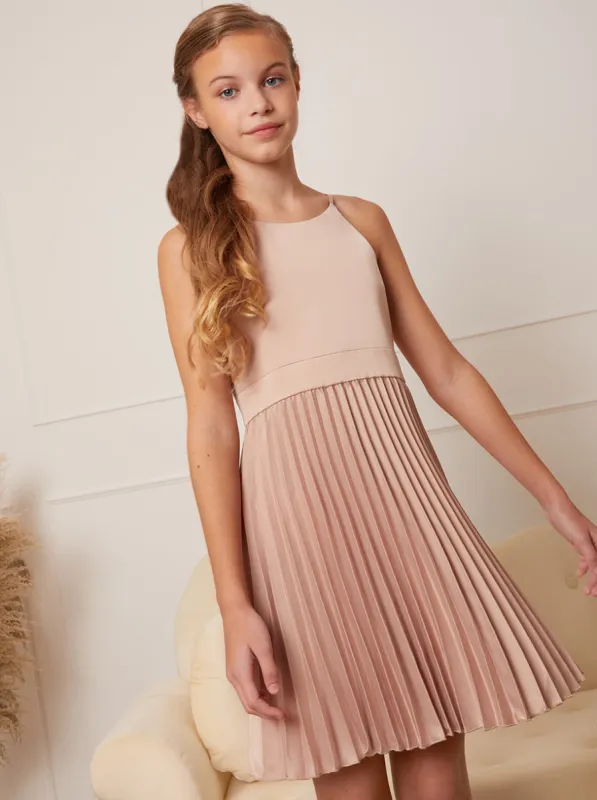 Older Girls Pleated Flower Girl Dress in Champagne sold by Chi Chi London