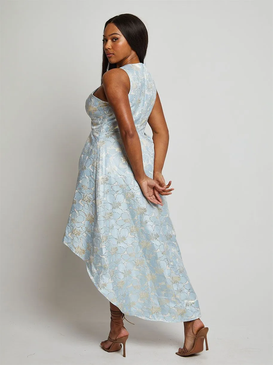 Cross Front Halter Floral Jacquard Dip Hem Dress in Blue sold by Chi Chi London product image thumbnail 2