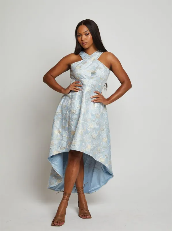 Cross Front Halter Floral Jacquard Dip Hem Dress in Blue made by Chi Chi London