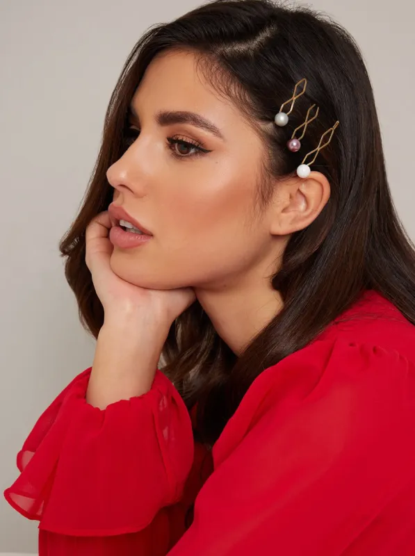 Faux Pearl Hairslides Pk Of 3 in Gold Multi sold by Chi Chi London