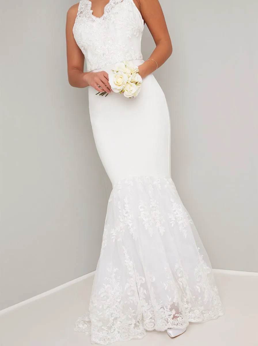 Petite Bridal Lace Fishtail Wedding Dress in White sold by Chi Chi London product image thumbnail 3