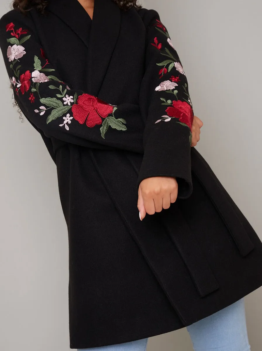 Wrap Style Embroidered 3/4 Length Coat Jacket in Black sold by Chi Chi London product image thumbnail 3