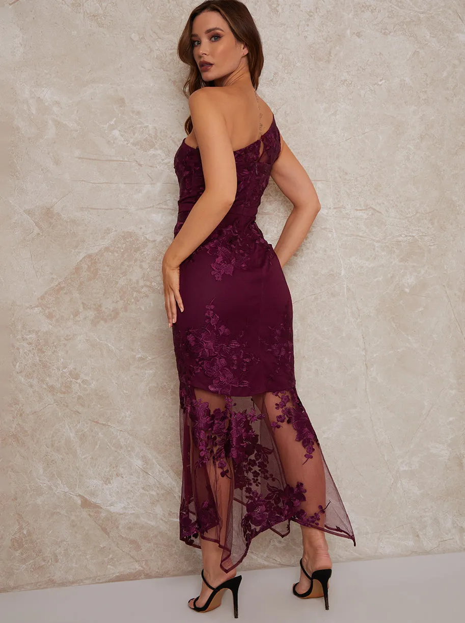 Petite One Shoulder Peplum Floral Embroidered Dress in Plum sold by Chi Chi London product image thumbnail 4