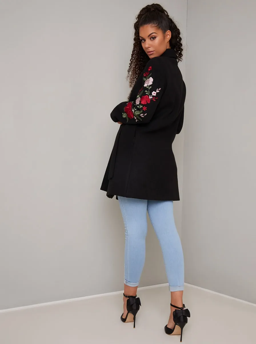 Wrap Style Embroidered 3/4 Length Coat Jacket in Black sold by Chi Chi London product image thumbnail 4