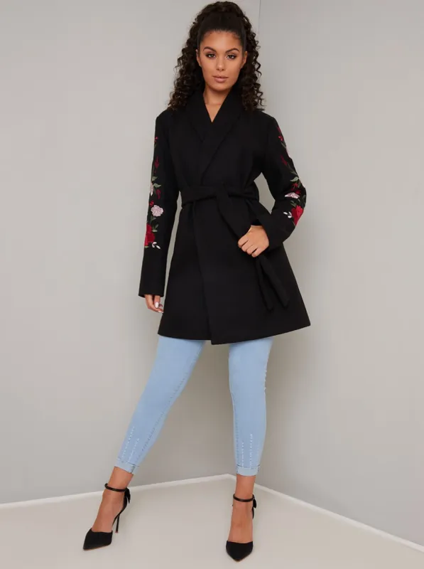 Wrap Style Embroidered 3/4 Length Coat Jacket in Black sold by Chi Chi London