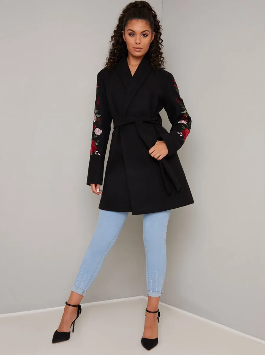 Wrap Style Embroidered 3/4 Length Coat Jacket in Black sold by Chi Chi London