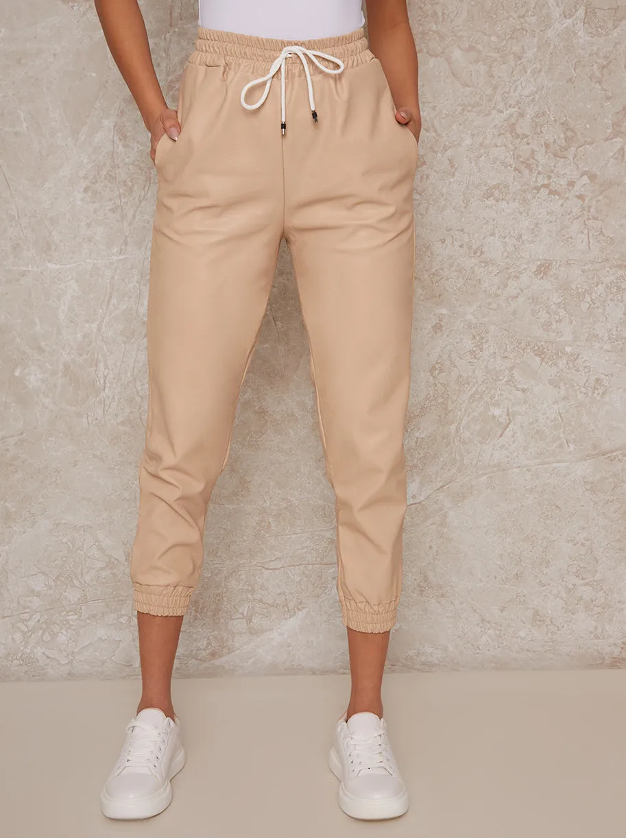Pleather Drawstring Joggers with Cuffs in Beige sold by Chi Chi London product image thumbnail 2