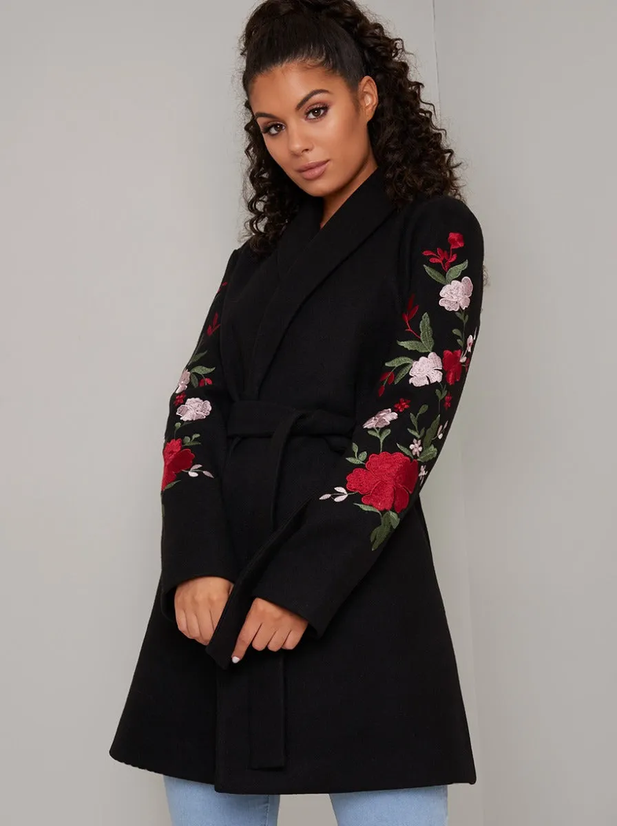 Wrap Style Embroidered 3/4 Length Coat Jacket in Black sold by Chi Chi London product image thumbnail 2