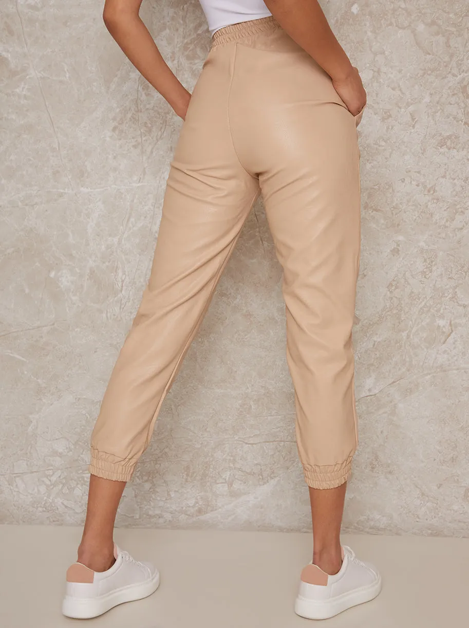 Pleather Drawstring Joggers with Cuffs in Beige sold by Chi Chi London product image thumbnail 3