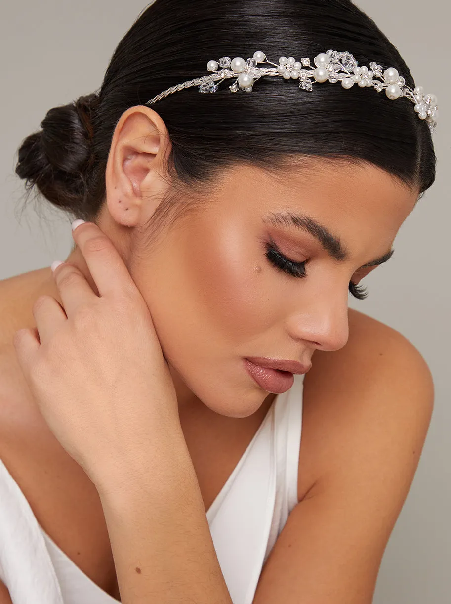 Bridal Faux Pearl And Diamante Tiara Headband in Silver sold by Chi Chi London